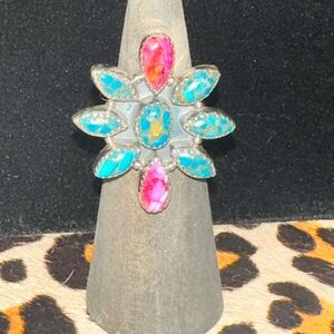 Pink Dahlia and genuine Turquoise Squash Adjustable Ring